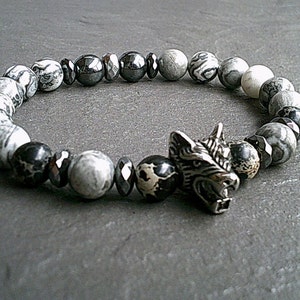 Wolf Totem Gemstone Bracelet – Jasper & Sea Sediment Beads, Unisex Animal Spirit Jewelry Gift