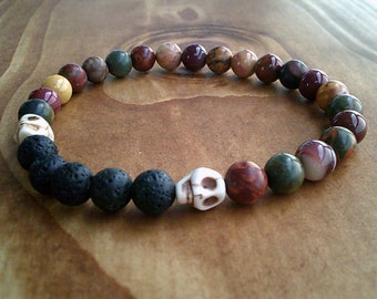 Picasso Agate Skull Bracelet – Lava Bead, Howlite, Unisex Jewelry