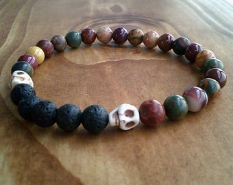 Day of the Dead Picasso Agate Lava Bead Stretch Bracelet, Howlite Skulls, Meditation Mala,Yoga Jewelry, Unisex Bracelet