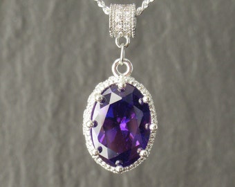Purple Cubic Zirconia Necklace: Oval Sterling Silver 925 Chain