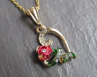 18k Gold Plated Heart & Rose Necklace: Floral CZ Pendant