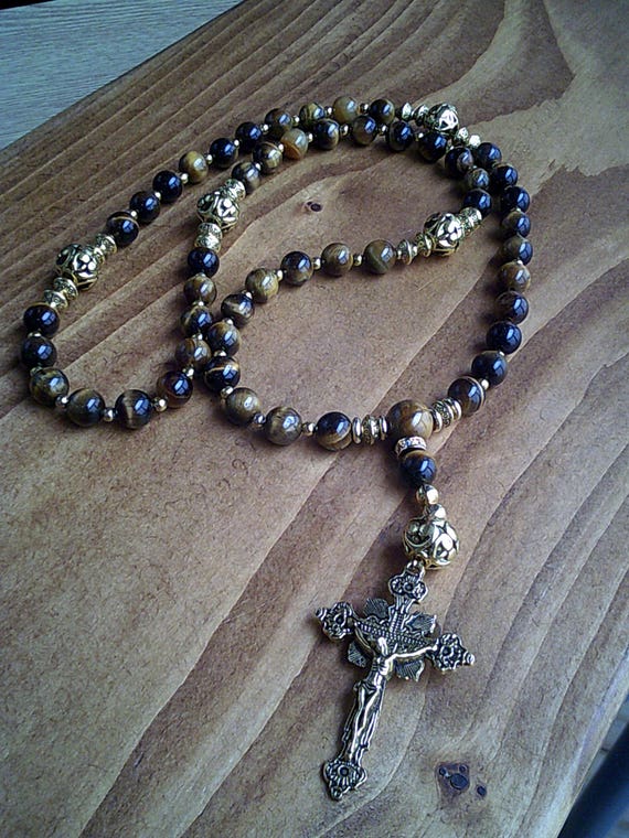 Tiger Eye Gemstone Rosary: Catholic Crucifix Necklace, 5 Decade Prayer Beads