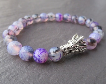 Pulsera de ágata de vena de dragón morada con tótem de dragón