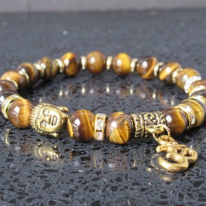 Tigers Eye Om Buddha Head Gemstone Bracelet • OM Buddha Buddhist Gold Pendant Charm Jewellery • Natural Stone Beaded Bracelets for Men Women