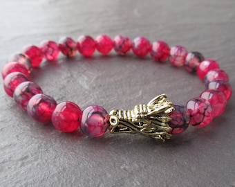 Pulsera de ágata de vena de dragón roja: dije de cabeza de dragón, joyería de energía de fuego