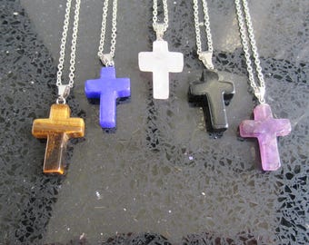 Gemstone Cross Pendant Necklace: Silver Stainless Steel, Amethyst, Onyx, Quartz