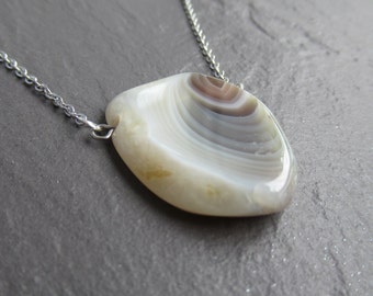 Botswana Agate Pendant Necklace: Silver Stainless Steel, Calming Stone