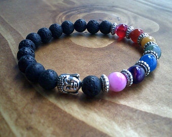 Bracelet chakra en perles de lave : jonc de pierres précieuses avec breloque bouddha
