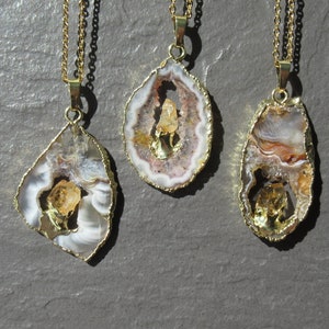 Gold Agate Geode Slice Pendant Necklace with Citrine Stone
