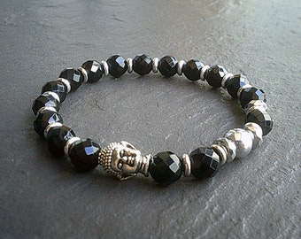 Mens Faceted Onyx Stone Crystal Buddha Head Bracelet Natural Healing, Natural Healing Bracelets, Black Silver Buddhism Bracelets UK