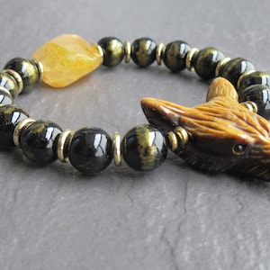 Hand Craved Wolf Head Tigers Eye Stone Bracelet / Black Onyx Gold Leaf Beaded Jewellery / Animal Totem Womens Mens Unisex Gemstones UK