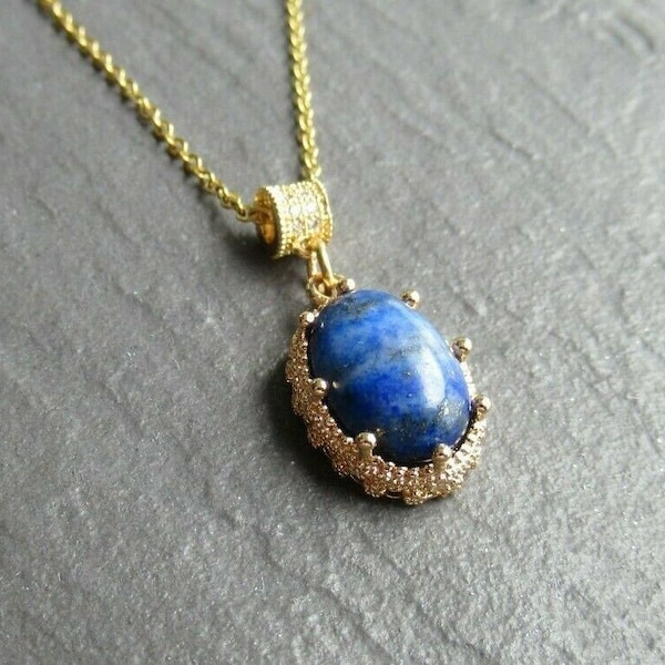 Lapis Lazuli Pendant Necklace, Bezel Cabochon Gold Chain, Boho Crystal Necklace Jewelry, Womens Girls Gemstone Necklace  16"-24" UK