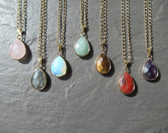 Gemstone Teardrop Pendant Necklace: Gold Chain Crystal Jewelry