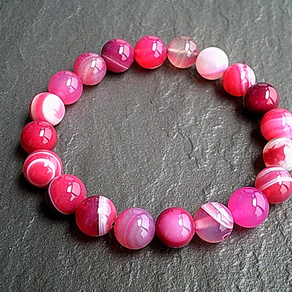 Pink Striped Agate 10mm Gemstone Bracelet Jewellery Natural Healing Stone / Pink Jewelry / Agate Jewellery / chunky bracelets UK