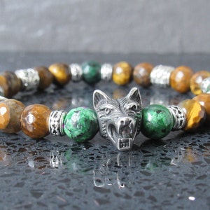 Wolf Totem Gemstone Bracelet – Tiger’s Eye & Ruby Zoisite Beads, Spirit Animal Gift for Him