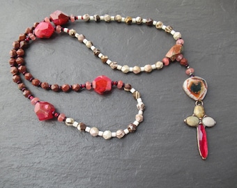 Rosario de jaspe rojo: ágata, cruz de cobre y cristal, cuentas de oración católicas