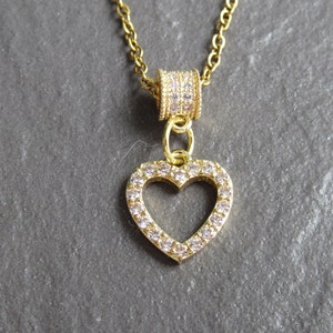 Gold Heart CZ Paved Gold Necklace, Womens Heart Chain Jewelry, Gold Heart Crystal Jewellery 14&quot;-24&quot; UK