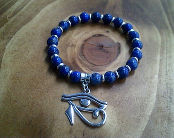 Lapis Lazuli Beaded Bracelet: Silver Eye of Horus Charm, Egyptian Jewelry