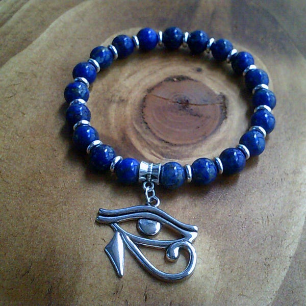 Eye of Horus Charm Beaded Lapis Lazuli Bracelet, Stretch Bracelet, beaded Bracelets,  Egyptian Symbols Jewelry, Blue Silver Bracelet UK