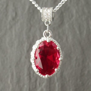 Red Cubic Zirconia Necklace: Oval Sterling Silver 925 Chain