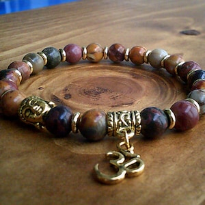 Picasso gema pulsera oro Om cabeza de buda, OM joyería, pulsera de cabeza de buda, muñeca Mala oración cuentas, Buda cuentas Reino Unido