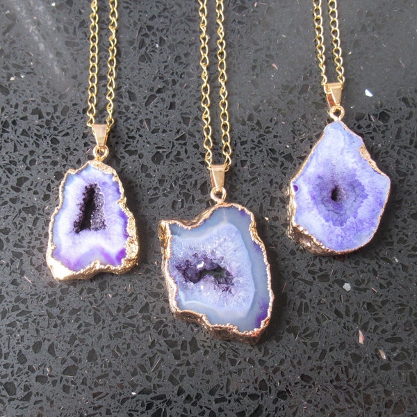 Purple Geode Slice Agate Pendant Gold Necklace, Metaphysical Spiritual Crystal Energy Jewelry, Womens Mystic Holistic Stone Necklaces