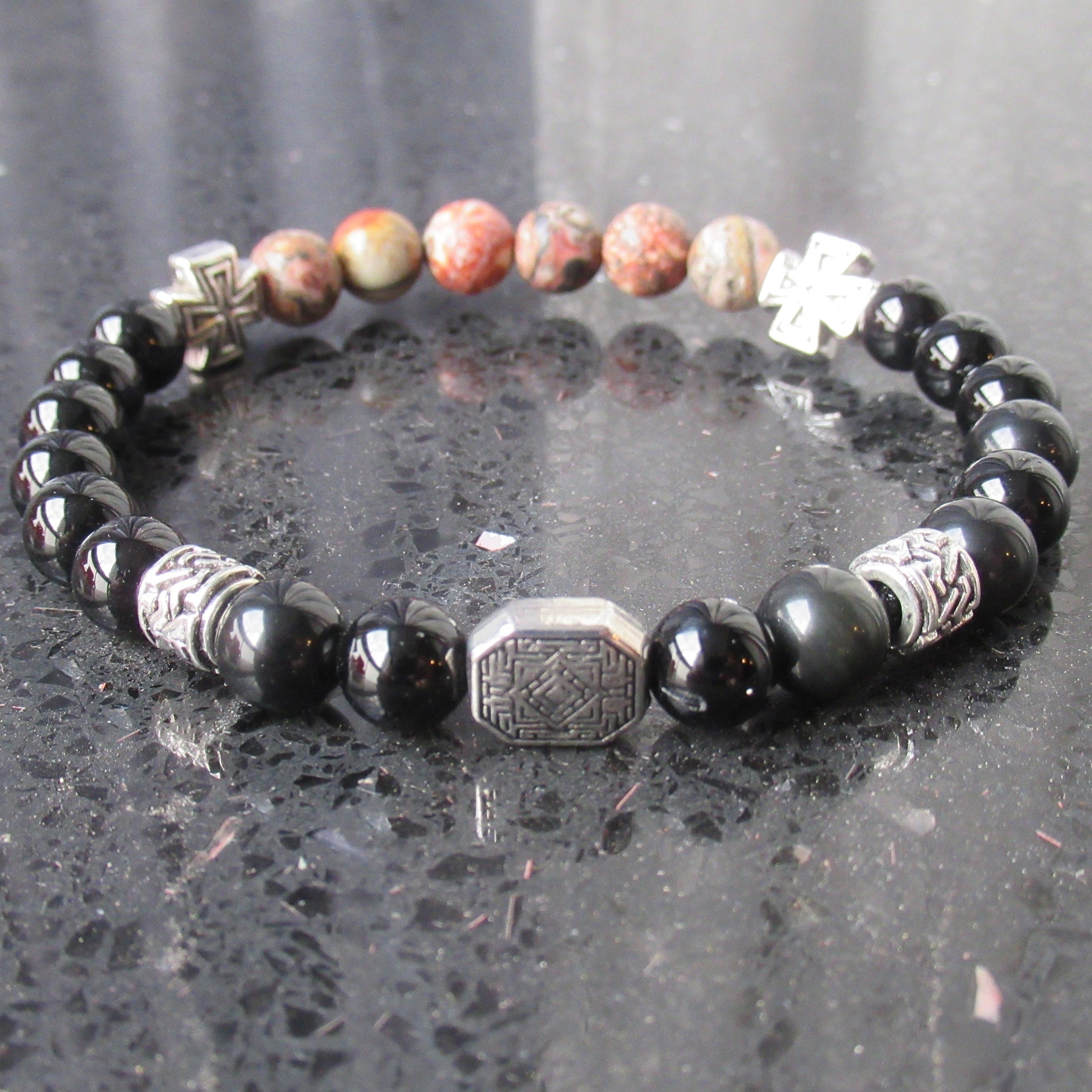 Knights Templar Cross Bracelet: Obsidian & Leopard Jasper Gemstone