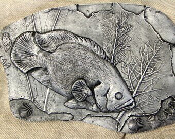 Oscar fish in water Seashells and water plants Wall sculpture Bas relief Original art Home decor Office decor Unique gift Gold Silver tile