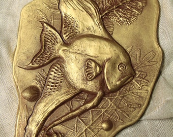 Wall sculpture Bas relief Angel fish in water seashells and water plants Original art Home decor Office decor Unique gift Gold Silver tile