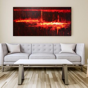 Large 24x48 textured abstract oil painting in red yellow orange vibrant colors Burning fire Fireplace original painting on canvas Home decor
