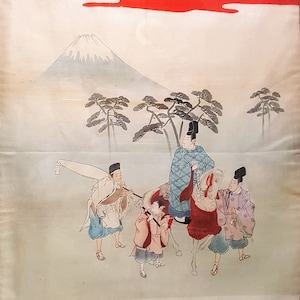 Genji on horse and his servants 19th-century Japanese hand embroidery and painting on silk under glass wood frame