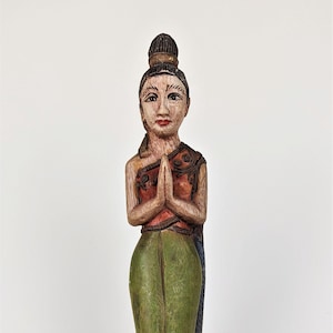 木像　サワディレディ Wooden Female Statue Thai Sawasdee Greeting Figure Hand Carved