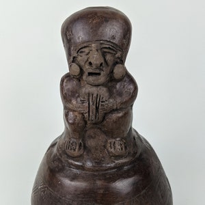 Moche whistling vessel shamanic instrument antique clay sculpture Peru 8.5 inches tall. Whistle works.