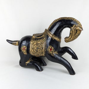Thai horse vintage galloping horse lacquered polychrome wood with inlaid colored glass 17.5” long