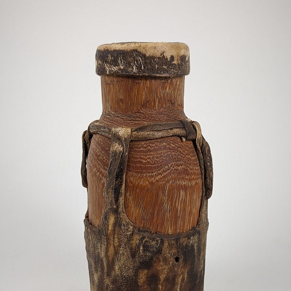 African jug wood with leather wrap lid container storage vessel Turkana tribe, Northern Kenya