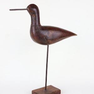 Early American shorebird full body hand-carved wooden decoy with steel nail bill 14.5 inches high