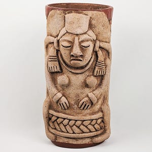 Mayan pottery hieroglyphic carved painted ceramic vessel cylinder vase cacao jar Pre-Colombian style replica 9.75 inches tall