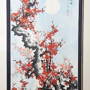 Japanese large hanging scroll cherry plum blossoms painting wall art 73 inches tall