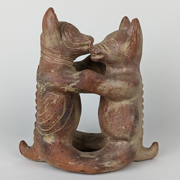 Colima dancing dogs ceramic sculpture terracotta 6.3/4” high