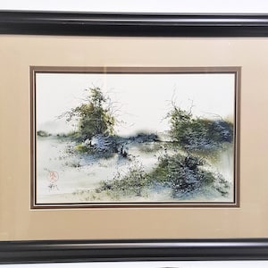 Impressionist Chinese painting landscape on rice paper signed original with signature and  framed 27 x 21.5 inches