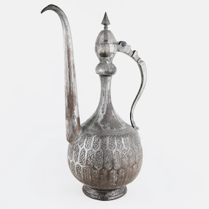 Antique Islamic Ewer copper tinned-plated handcrafted Middle Eastern ewer 13.5 inches high