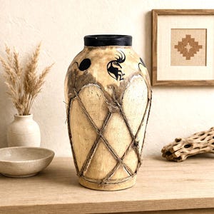 Könnte beinhalten: Eine dekorative Vase mit trommelähnlichem Design. Die Vase hat einen beigefarbenen Körper mit schwarzen Akzenten und einem schwarzen Rand. Sie zeigt eine Kokopelli-Figur und ist mit Bindfaden umwickelt. Die Vase steht auf einer Holzoberfläche.