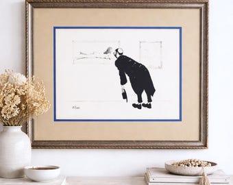 Arte judaico humorístico de J. Herr. Litografía de los años 70. Rabino estudia pintura desnuda, enmarcada. 17,75 x 21,75 pulgadas.