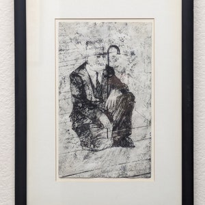 Giacomo Porzano abstract etching of elderly man with cane signed and dated 1959 framed 21x15 inches