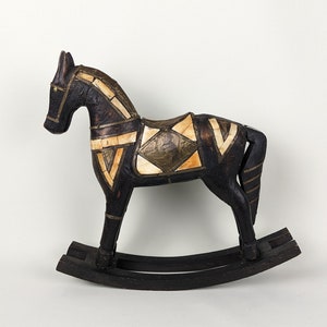Rajasthan horse wooden Marwari rocking horse midcentury India 14 inches long with detailed decorated copper inlay