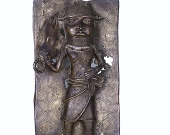Antique Benin Bronze Plaque, Ambassador with Eben Sword late 1800s 14.5 x8.5 inches