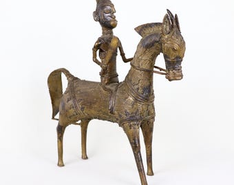 Guerrero Dogón a Caballo Escultura de Bronce con Espada Arte Tribal Mali 8 pulgadas