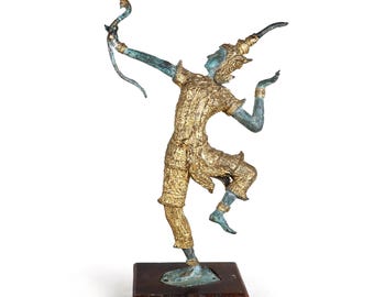 Figura de bronce de Rama, bailarín arquero tailandés Ramakien, sobre base de madera, 29 cm (11,5 pulgadas), década de 1970.