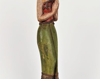 山わさび Lady 14 Standing Tall Wooden Female Statue Thai Sawasdee Greeting Figure Hand Carved