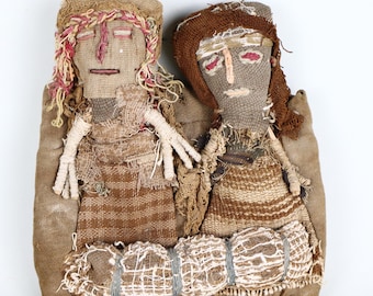 Chancay peruana, 2 muñecas funerarias textiles, arte popular, hechas a mano, 7 pulgadas, principios del siglo XX.